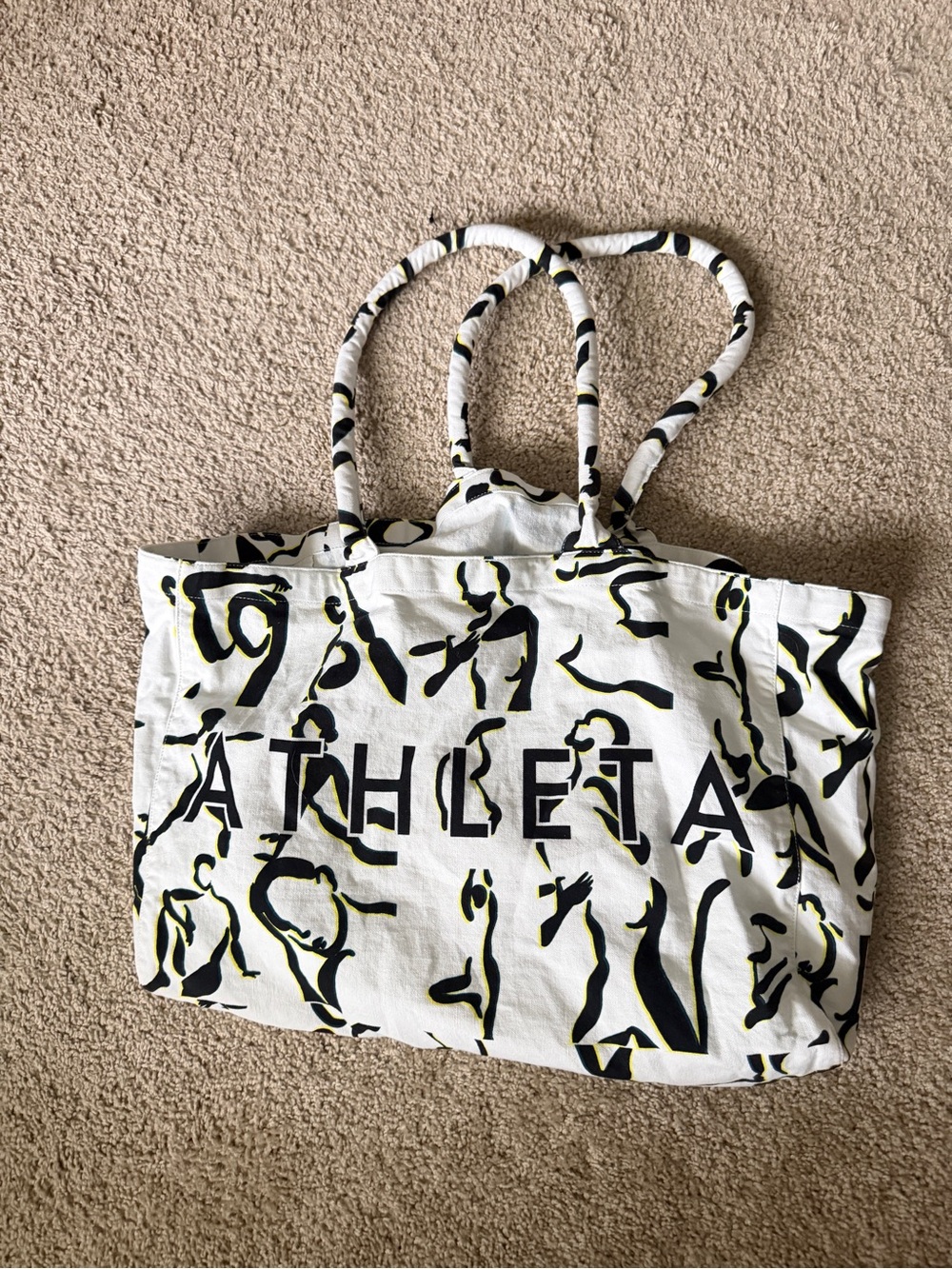 Athleta White Canvas Tote with Black & Yellow Abstract Figures